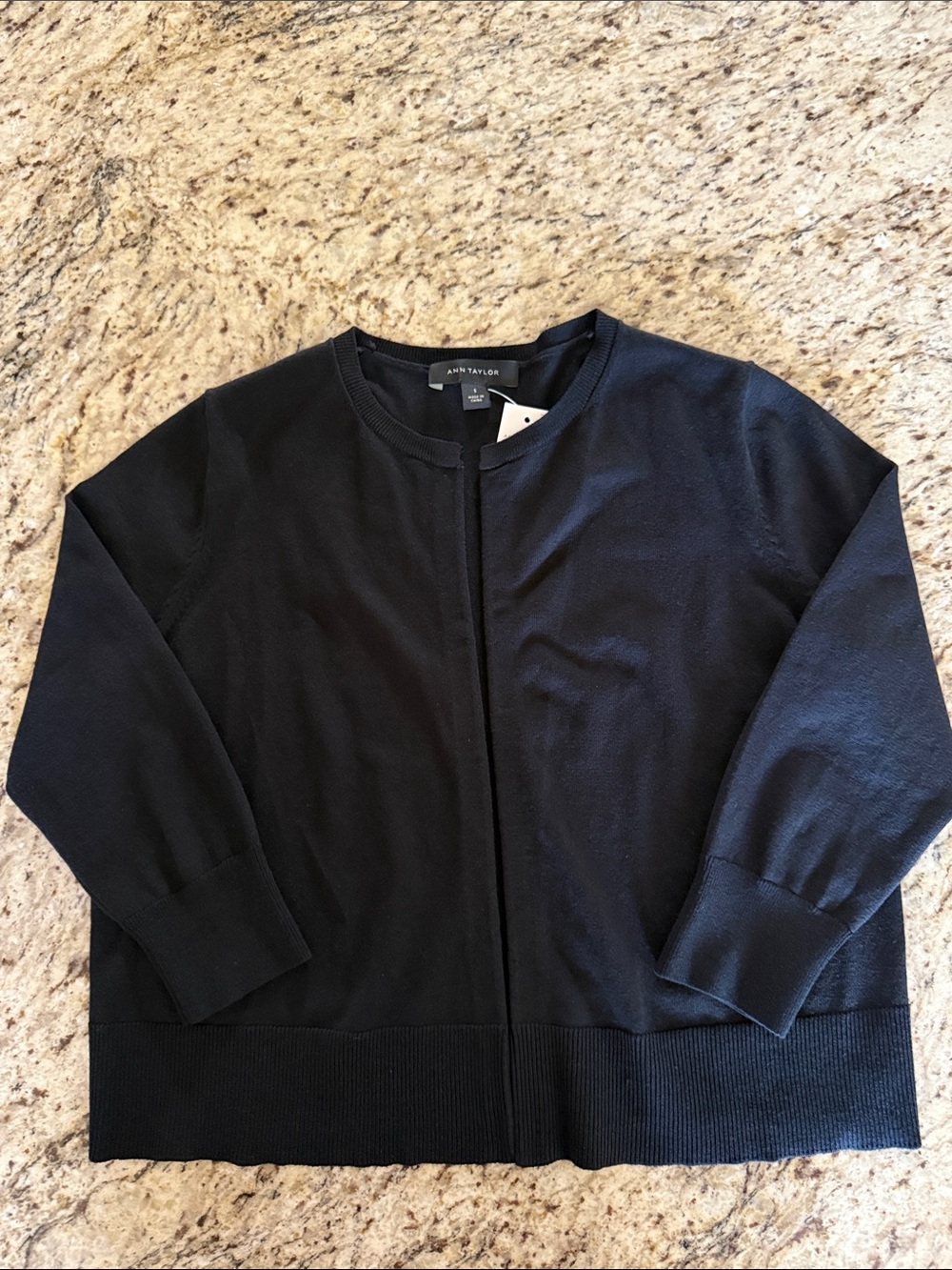 Ann Taylor Black Silk Blend Cropped Knit Crew Neck Cardigan 3/4 sleeve Sz Small